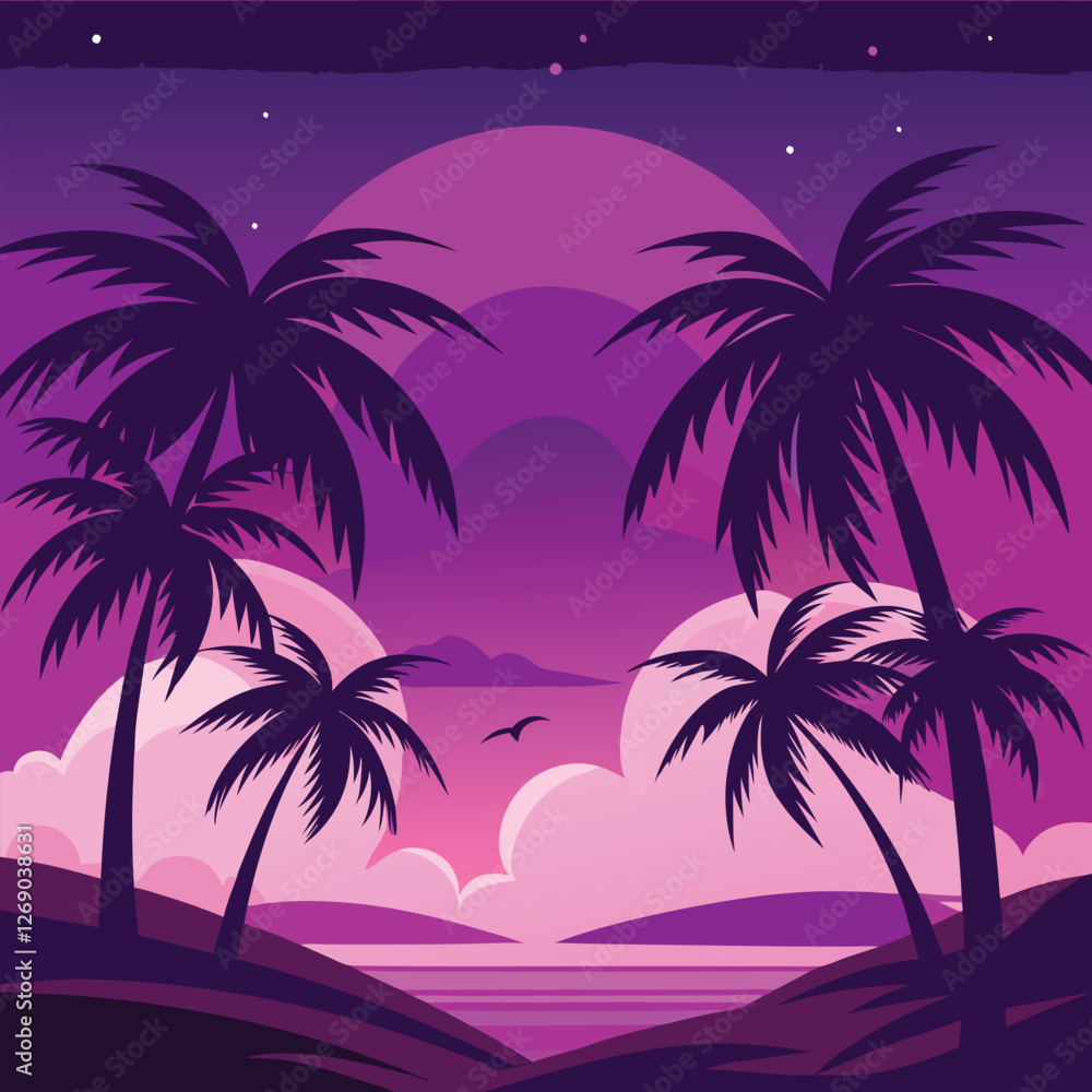 Tropical Sunset with Palm Trees Vector Illustration - Serene and Vibrant Beach Design Tropical Sunset with Palm Trees Vector Illustration - Serene and Vibrant Beach Design