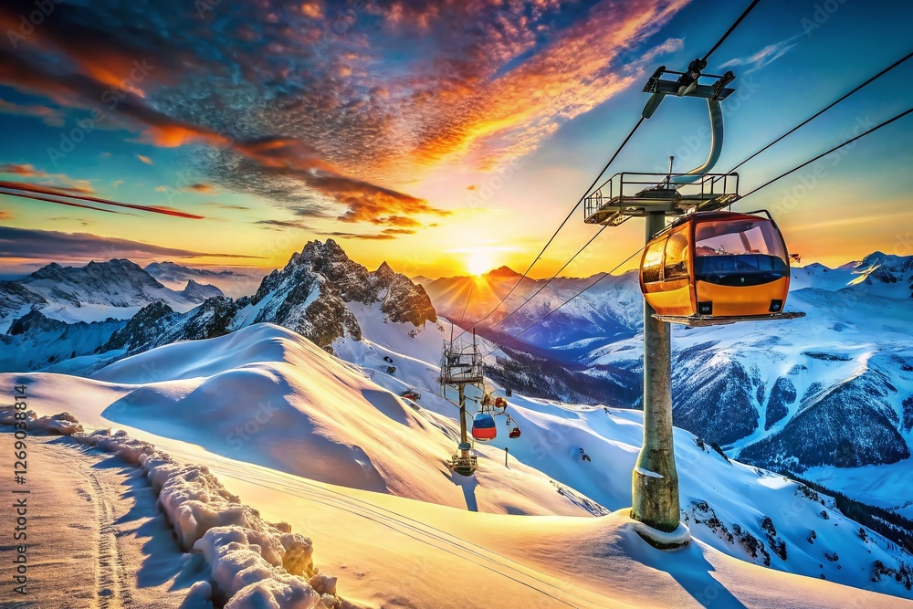 Majestic Snow-Covered Mountain Range with Ropeway, Winter Adventure Landscape Majestic Snow-Covered Mountain Range with Ropeway, Winter Adventure Landscape