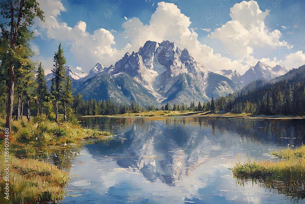 Serene Mountain Lake Scenery, Painted in Impressionistic Style Serene Mountain Lake Scenery, Painted in Impressionistic Style