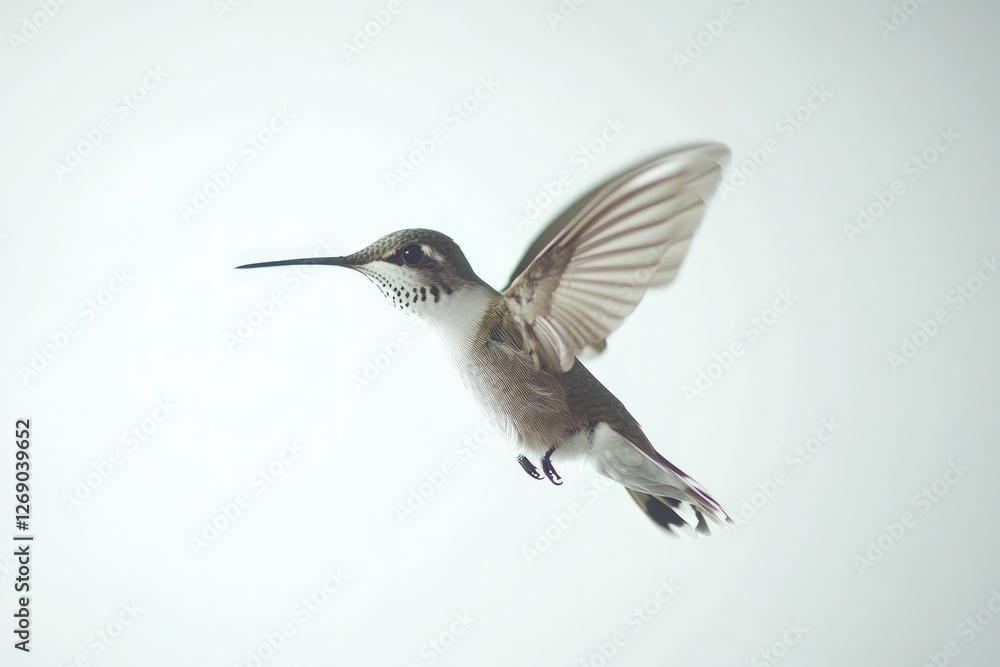 A hummingbird mid-flight, tiny wings moving rapidly against a white background A hummingbird mid-flight, tiny wings moving rapidly against a white background