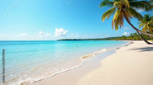 Wallpaper Mural Warm sunlight shines on a tranquil beach with powdery white sand, gentle waves lapping at the shore, and lush palm trees lining the coast, creating a perfect tropical paradise. Torontodigital.ca