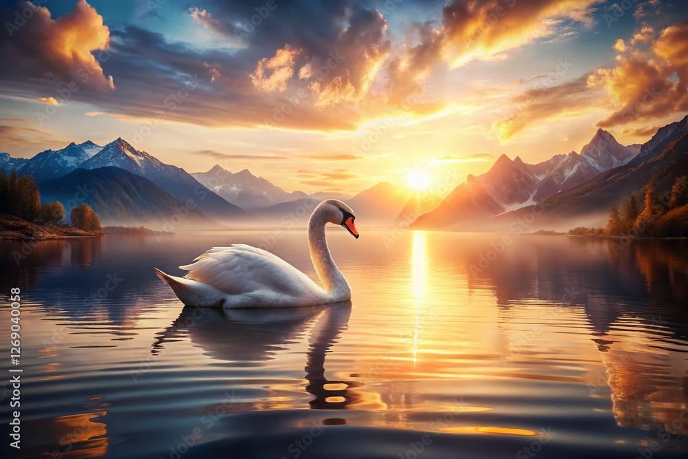 Fototapeta premium Majestic Swan on Serene Lake, Mountain Sunset
