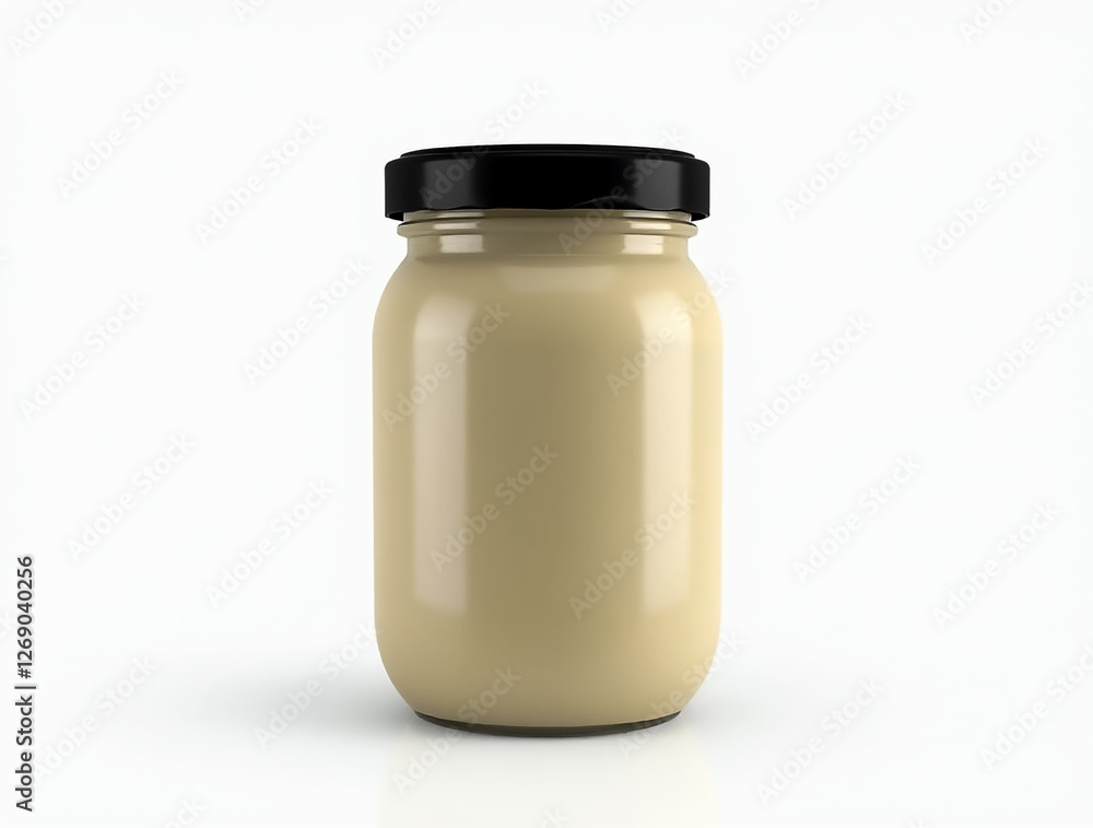 A jar filled with a creamy beige substance sits against a clean white background. This versatile ingredient can enhance many culinary creations, tempting enthusiasts. A jar filled with a creamy beige substance sits against a clean white background. This versatile ingredient can enhance many culinary creations, tempting enthusiasts.