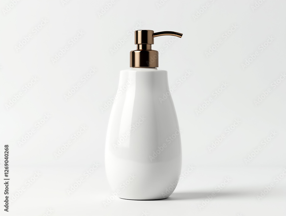 Fototapeta premium A sleek white ceramic bottle with a bronze pump is prominently displayed against a minimalistic background. Ideal for enhancing bathroom or kitchen decor.