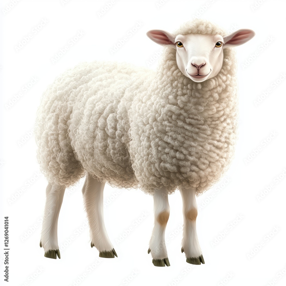Fototapeta premium Sheep with fluffy white wool standing happily isolated on white