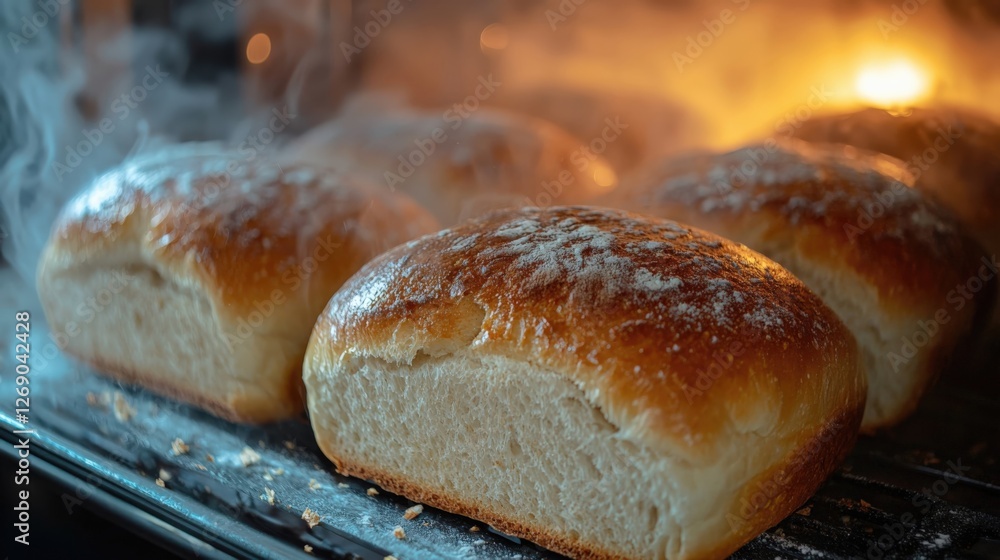 Freshly Baked Artisan Bread Loaves with Steam in Warm Oven Freshly Baked Artisan Bread Loaves with Steam in Warm Oven