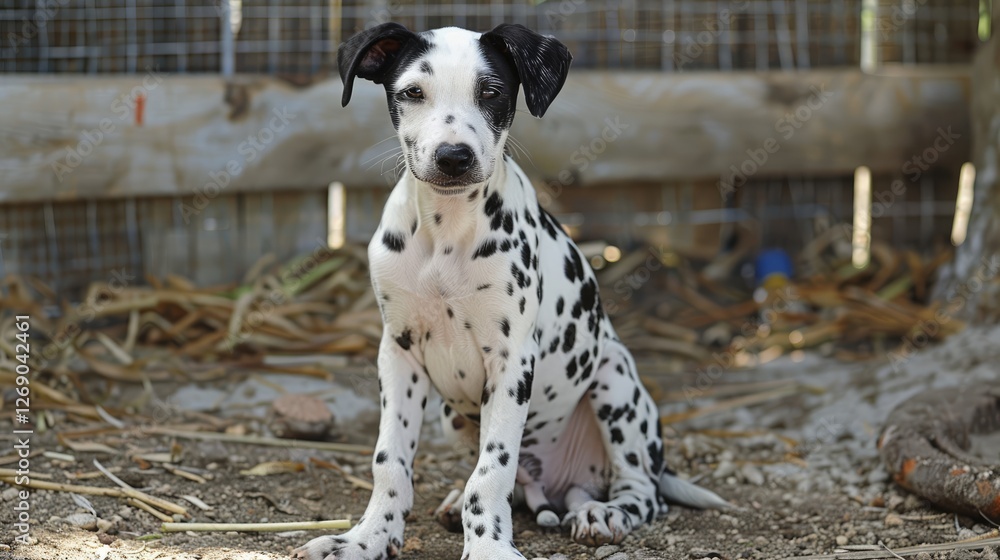 Playful Dalmatian puppy sitting in a rustic outdoor setting surrounded by straw and wooden fencing Playful Dalmatian puppy sitting in a rustic outdoor setting surrounded by straw and wooden fencing