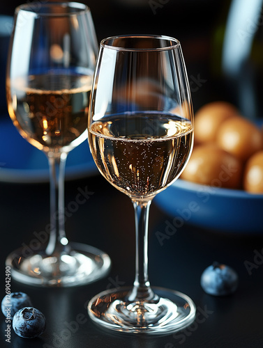 Two glasses of sparkling wine with a bowl of snacks and blueberries on a table.