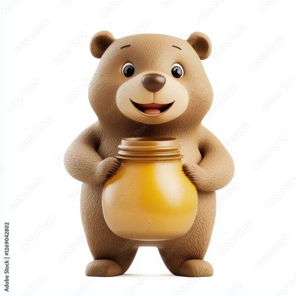 Fototapeta premium Tiny brown bear with a honey jar, isolated on white