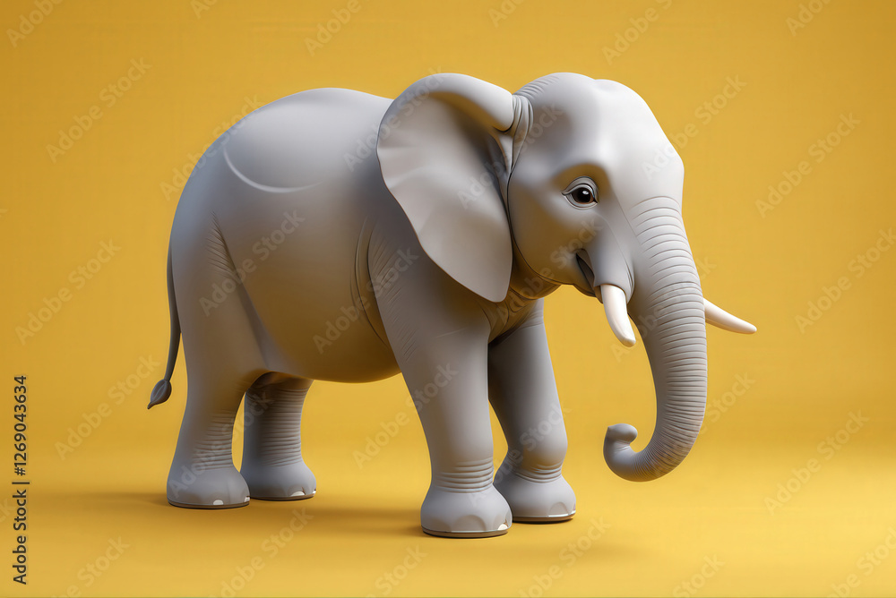 Toy elephant. Funny grey plastic toy. Happy and smiling elephant on yellow background. Copy space for text. Toy elephant. Funny grey plastic toy. Happy and smiling elephant on yellow background. Copy space for text.