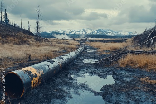 Large diameter pipeline traverses a marshy landscape, stretching towards snow-capped mountains under a cloudy sky. Muddy ground, dead trees, and sparse vegetation are visible photo