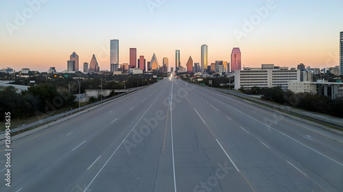 Empty highway towards city skyline at dawn