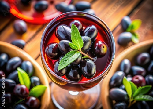 A shallow focus top-down shot reveals glistening olives resting in a vibrant red wine glass. photo