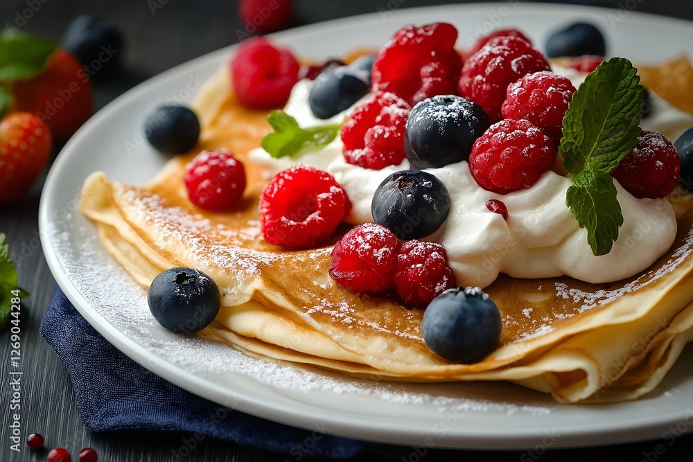 Decadent Berry Pancake Stack with Whipped Cream.For design, print, wallpaper, poster, interior, advertising, banner, menu. With place for text.