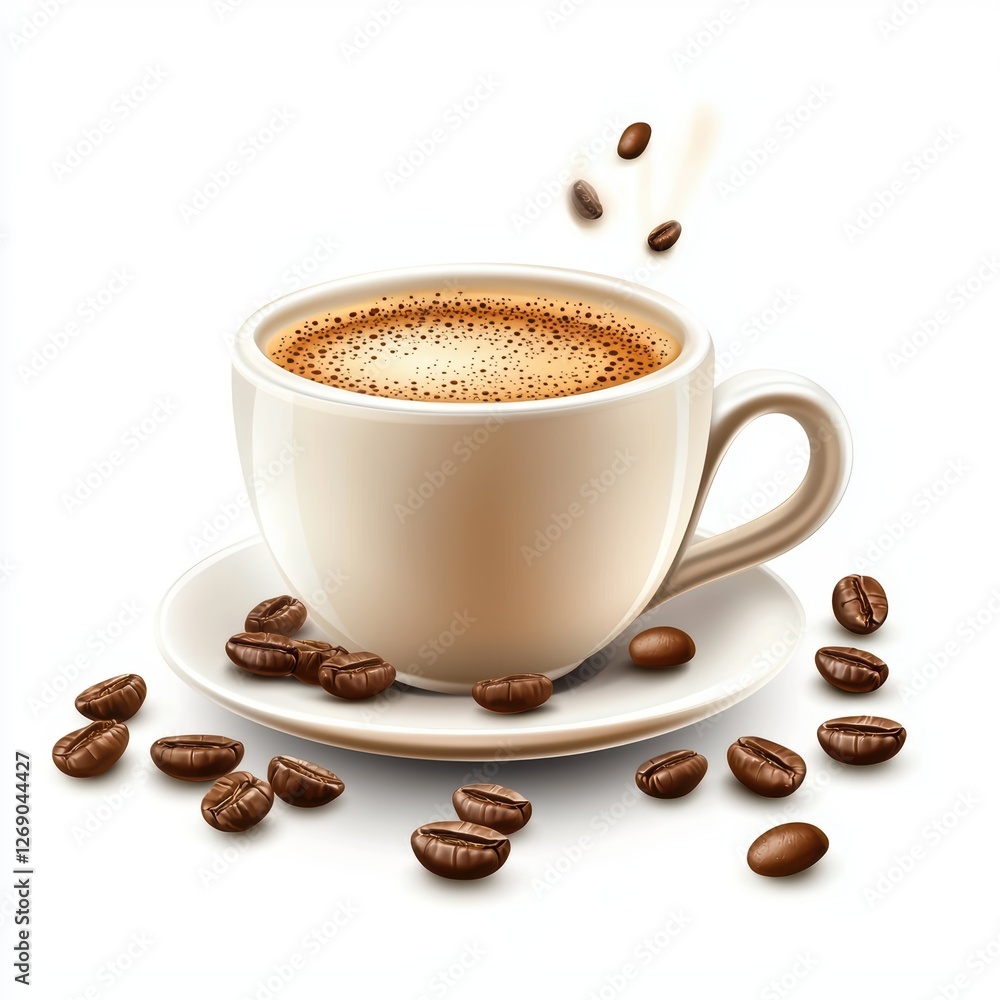 Of Floating cup of espresso with coffee beans around it isolated on white Of Floating cup of espresso with coffee beans around it isolated on white