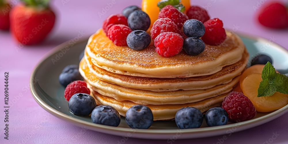 Vibrant Berry Pancake Stack on Lavender Background.For design, print, wallpaper, poster, interior, advertising, banner, menu. With place for text.Healthy morning breakfast. Vibrant Berry Pancake Stack on Lavender Background.For design, print, wallpaper, poster, interior, advertising, banner, menu. With place for text.Healthy morning breakfast.