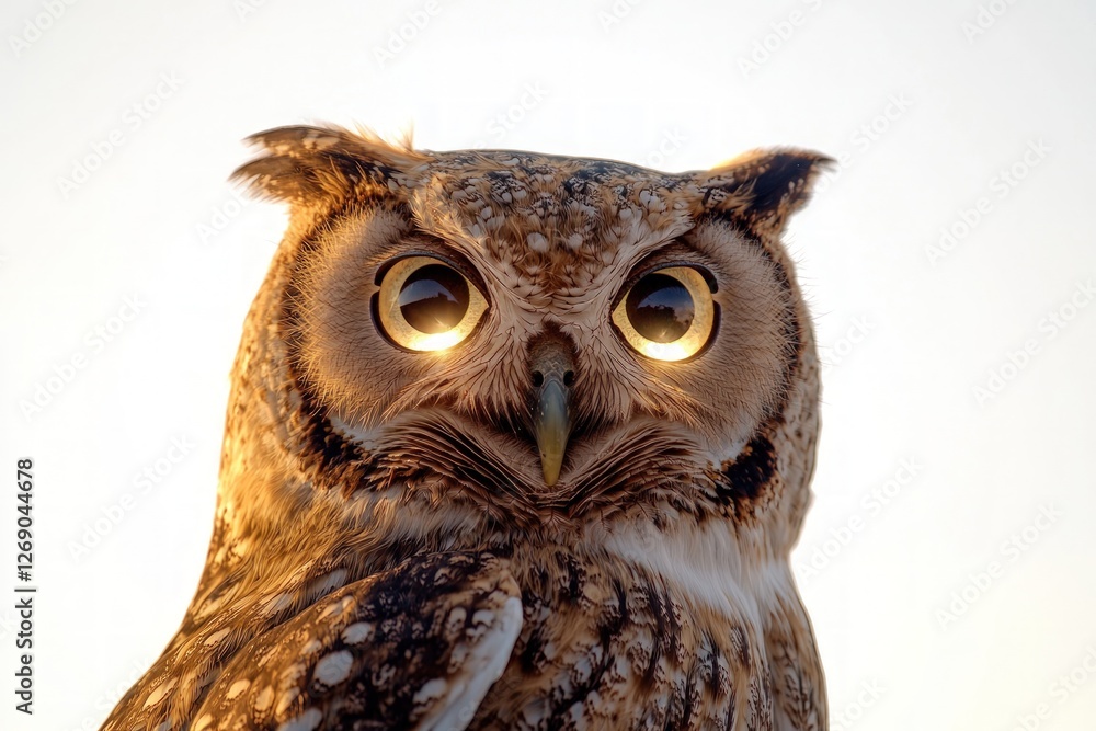 Obraz premium A large owl with its head tilted slightly, eyes glowing bright against a white background