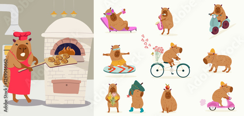 A set of cute capybara, capibara, capy, collection, different activities, musical instruments, hand drawn vector illustration.