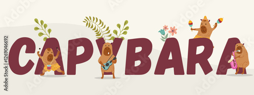 Capybara, capibara, capy text, cute funny adorable pet, animal. Flyer, invitation, sticker, banner. Vector illustration.