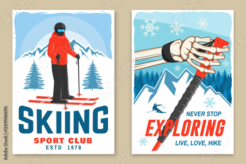 Skiing sport club. Vector ski club retro flyer, poster, banner with mountain, skier man, human skeleton hand holding ski pole. Family vacation, activity or travel