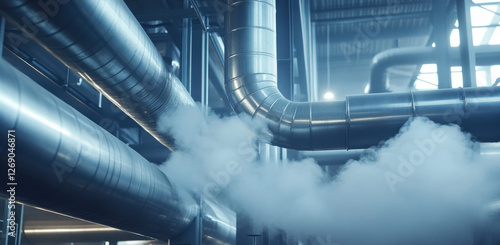 Large steel pipes are shown releasing steam in a bright industrial facility, highlighting the machinery in operation