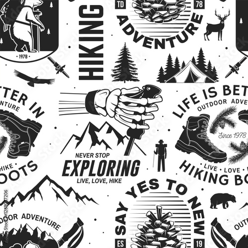 Hiking outdoor adventure seamless pattern with emblems, logos. Background, wallpaper, seamless pattern with human skeleton hand holding hiker pole, hiking boot, pine cone, hiker bear with backpack