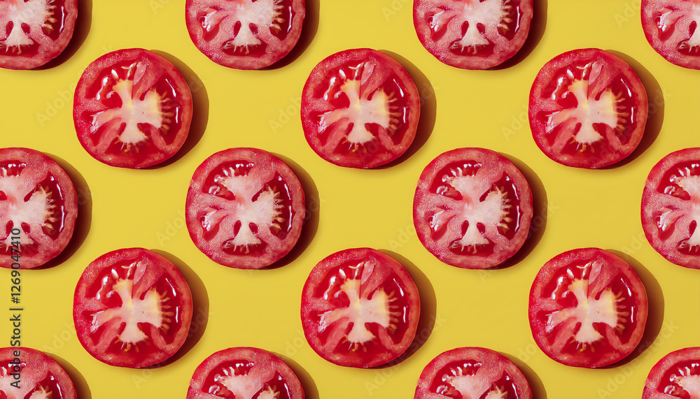 Seamless pattern of tomato slices on yellow background. Seamless pattern of tomato slices on yellow background.