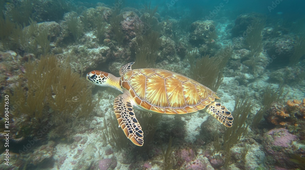Naklejka premium Majestic Sea Turtle in Vibrant Coral Reef