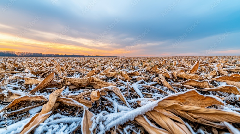 Frost Damage to Agriculture Concept, Frosted Cornfield at Dawn with Scattered Remnants of Wilted Vegetation Against a Colorful Sky Frost Damage to Agriculture Concept, Frosted Cornfield at Dawn with Scattered Remnants of Wilted Vegetation Against a Colorful Sky
