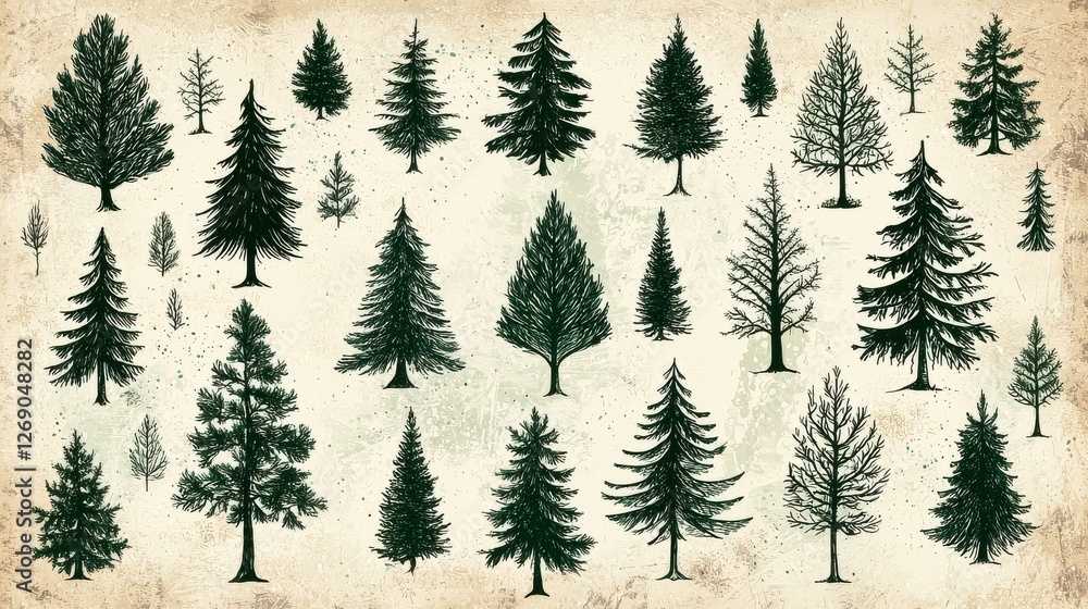 Fototapeta premium Hand-Drawn Trees Illustration in Dark Green Shades on Vintage Background