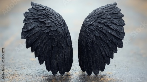Black feathered wings positioned on a textured surface, evoking themes of freedom and imagination