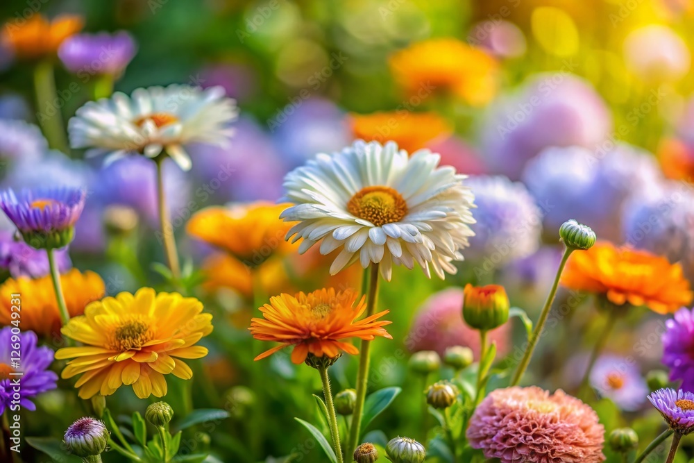 Miniature Garden Bloom: Calendula, Aster, and Michaelmas Daisy Tilt-Shift Photography Miniature Garden Bloom: Calendula, Aster, and Michaelmas Daisy Tilt-Shift Photography