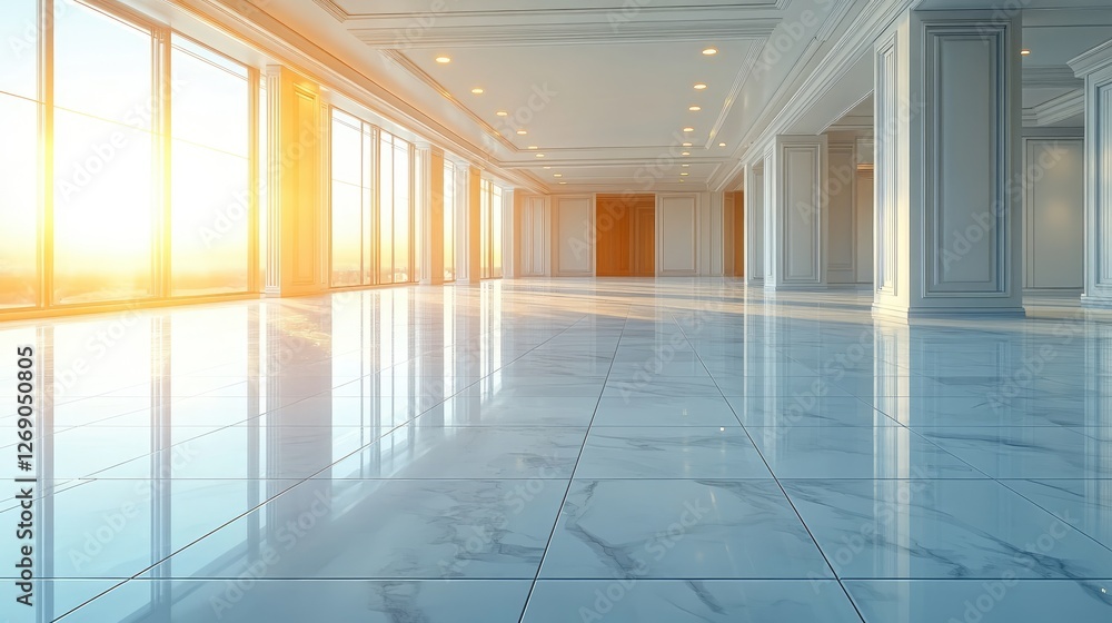 Bright and spacious empty interior with glossy marble floors, large windows, and sunset view Bright and spacious empty interior with glossy marble floors, large windows, and sunset view