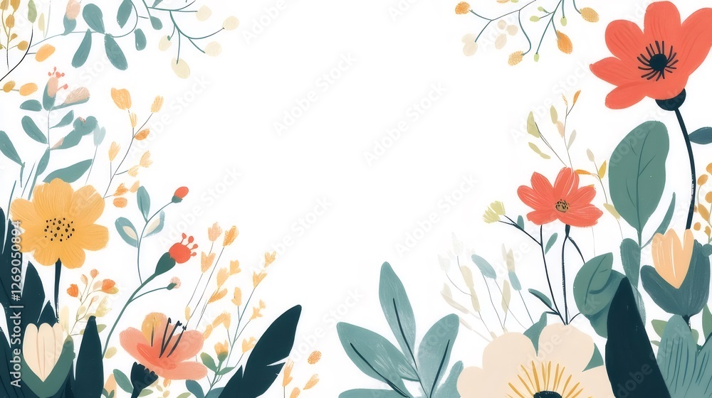 Floral border design, white background, spring blooms, website banner Floral border design, white background, spring blooms, website banner