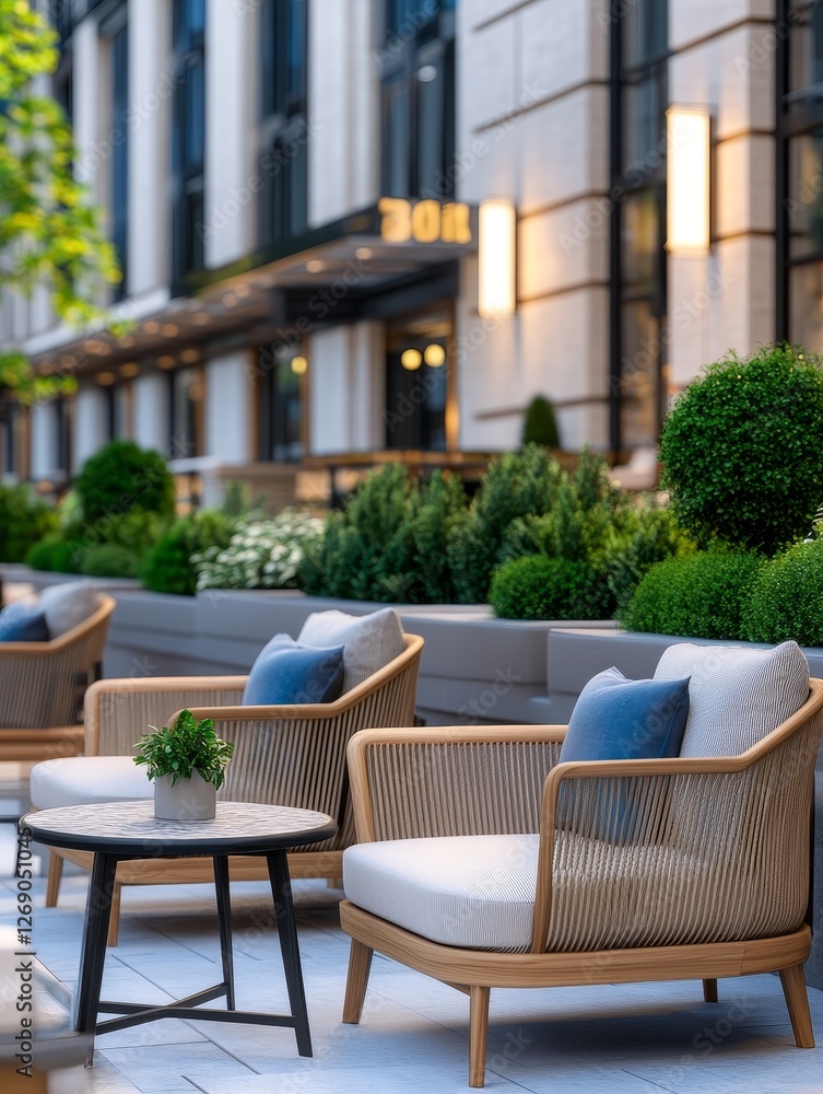 Modern outdoor seating area with stylish furniture, lush greenery, and a vibrant urban backdrop Modern outdoor seating area with stylish furniture, lush greenery, and a vibrant urban backdrop