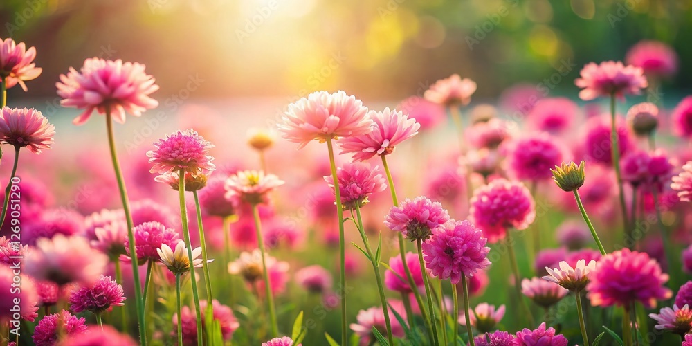 Miniature Pink Flower Meadow, Tilt-Shift Photography, Blooming Spring Flowers Miniature Pink Flower Meadow, Tilt-Shift Photography, Blooming Spring Flowers