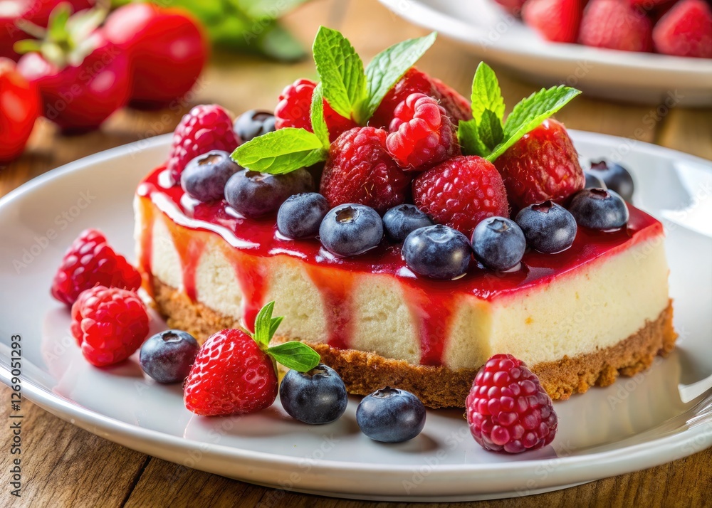 Creamy cheesecake, bursting with fresh raspberries and assorted summer berries, a delightful treat. Creamy cheesecake, bursting with fresh raspberries and assorted summer berries, a delightful treat.