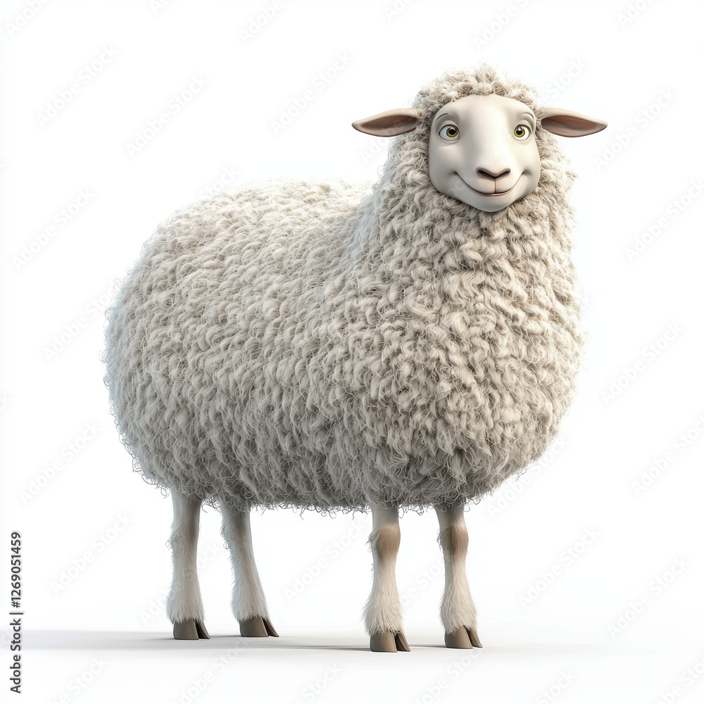 Sheep with fluffy white wool standing happily isolated on white Sheep with fluffy white wool standing happily isolated on white
