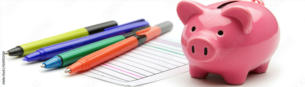 Fototapeta premium Piggy bank beside financial planning documents and pens, showing the connection between saving