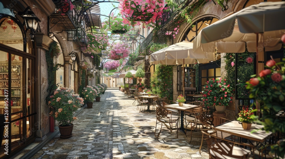 Charming cobblestone alley adorned with vibrant flowers and outdoor cafes, inviting visitors to relax and enjoy Charming cobblestone alley adorned with vibrant flowers and outdoor cafes, inviting visitors to relax and enjoy
