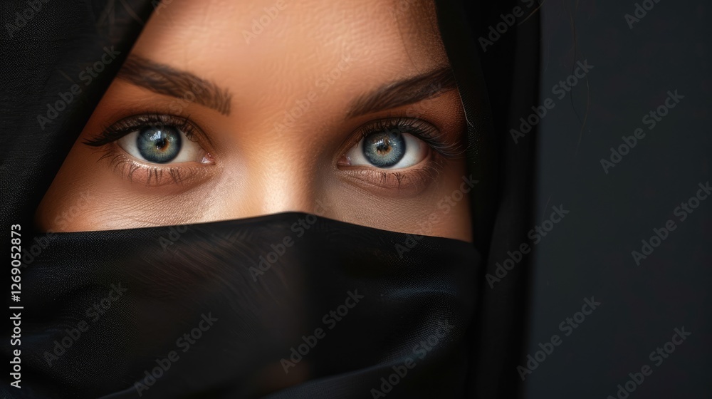 Close-up portrait of a woman in a black veil, showcasing her striking blue eyes against a dark background Close-up portrait of a woman in a black veil, showcasing her striking blue eyes against a dark background