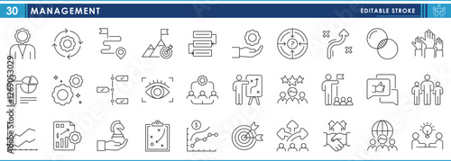 A set of line icons related to Management. Business, people, strategy, unity, idea, mobilization, leadership, and so on. Vector editable stroke.