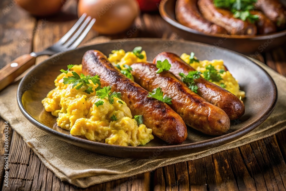 Delicious Fried Breakfast Sausage and Scrambled Eggs - Hot Breakfast Food Photography Delicious Fried Breakfast Sausage and Scrambled Eggs - Hot Breakfast Food Photography