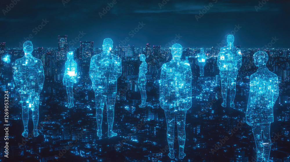 Digital Human Figures Over a Night Cityscape Representing the Metaverse and Digital Transformation Digital Human Figures Over a Night Cityscape Representing the Metaverse and Digital Transformation