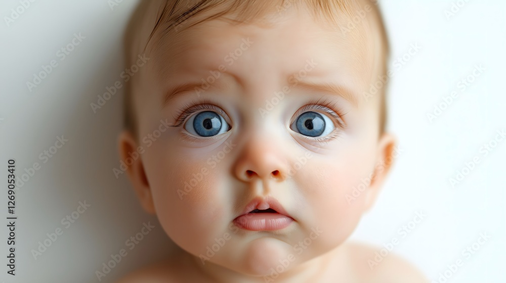 Surprised baby with big blue eyes isolated on white background, wide-eyed infant portrait, adorable child with amazed expression, innocent face, cute toddler with curious look Surprised baby with big blue eyes isolated on white background, wide-eyed infant portrait, adorable child with amazed expression, innocent face, cute toddler with curious look