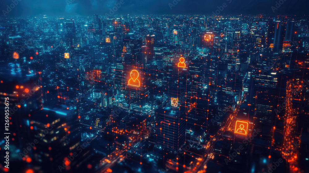 A futuristic cityscape at night illuminated with digital network connections showing a vast interconnected web of people A futuristic cityscape at night illuminated with digital network connections showing a vast interconnected web of people