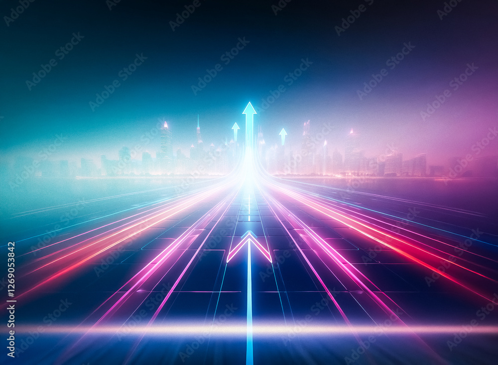 Fototapeta premium Neon arrows rise above a futuristic cityscape, glowing with vibrant streaks of light on a dark road.