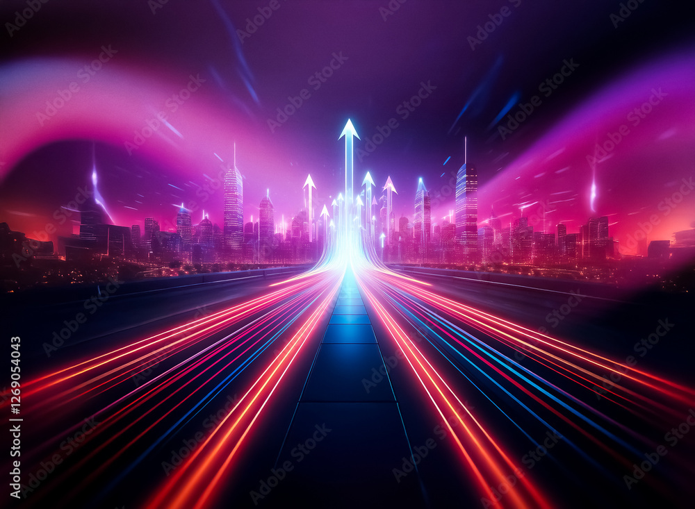 A city skyline with an arrow shooting up from the road, representing growth, progress, and success. A city skyline with an arrow shooting up from the road, representing growth, progress, and success.