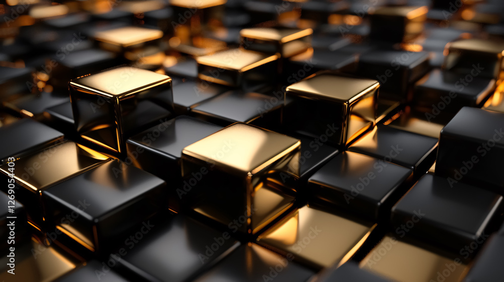 Abstract background with a black and gold color scheme, adorned with glowing cubes in a 3D render illustration. Abstract background with a black and gold color scheme, adorned with glowing cubes in a 3D render illustration.