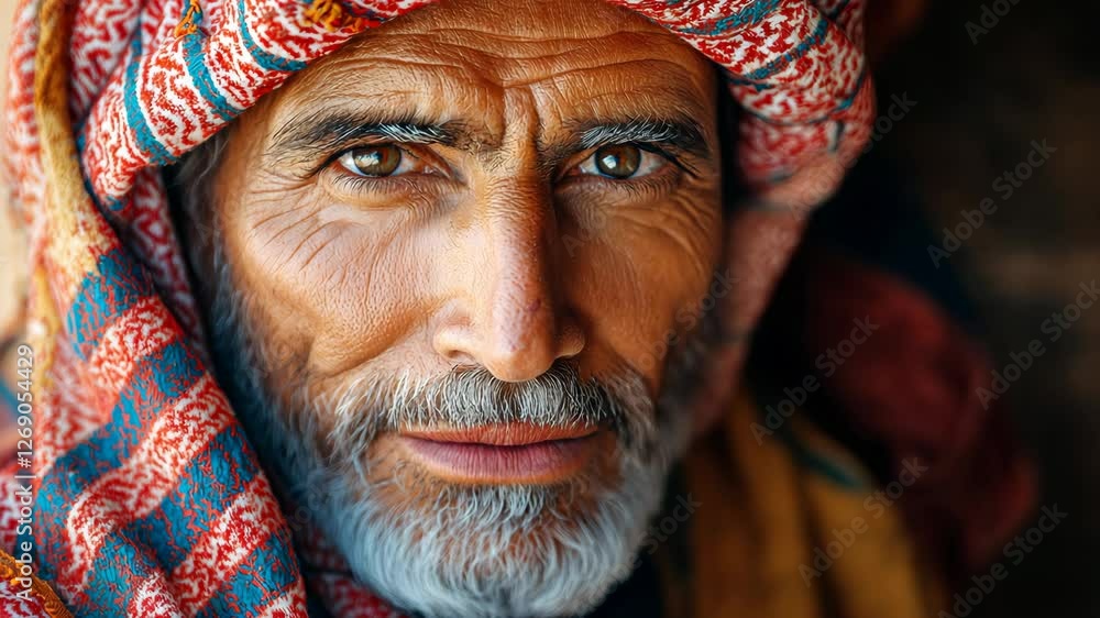 Man with a beard and a scarf on his head. He has a serious look on his face Man with a beard and a scarf on his head. He has a serious look on his face